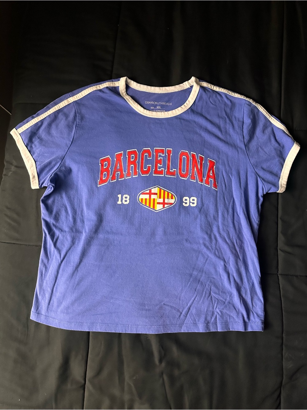Grayson Threads Blue Ringer Tee with Red Barcelona Graphic